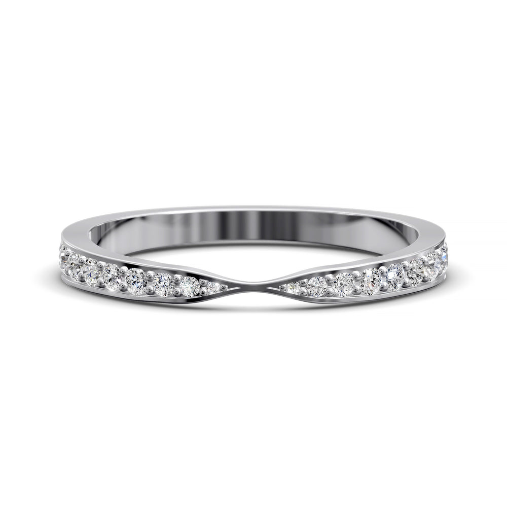 Channel set gold wedding band with tapered top and round brilliant stones