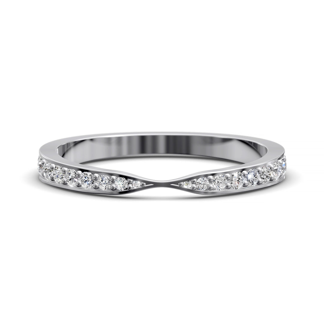 Channel set gold wedding band with tapered top and round brilliant stones