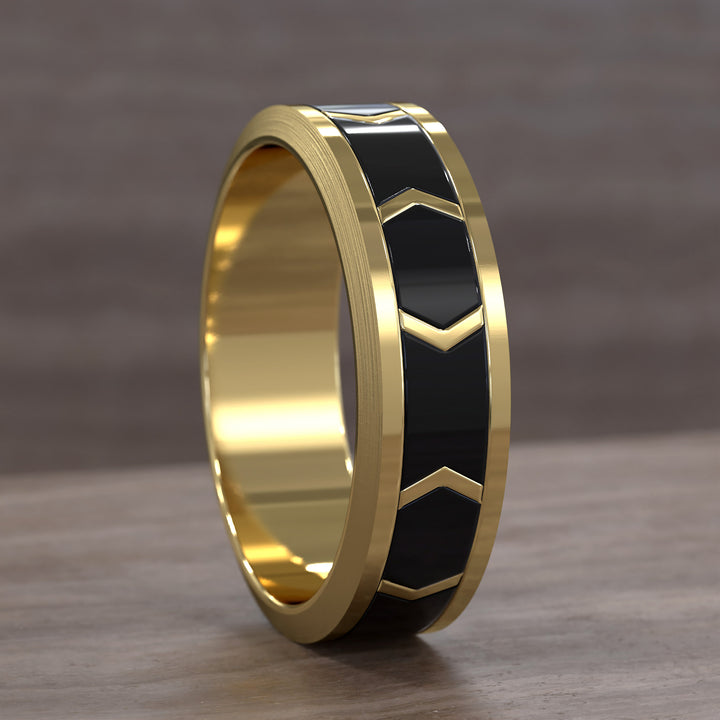 chevron pattern band with dark enamel inlay and brushed beveled edges