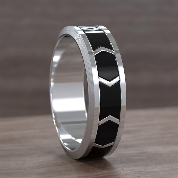 chevron pattern band with dark enamel inlay and brushed beveled edges