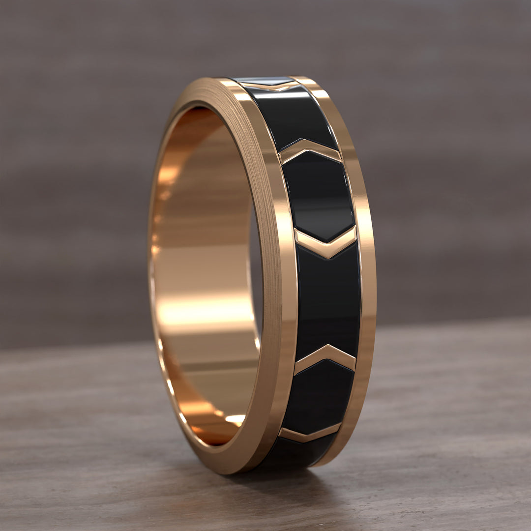 chevron pattern band with dark enamel inlay and brushed beveled edges