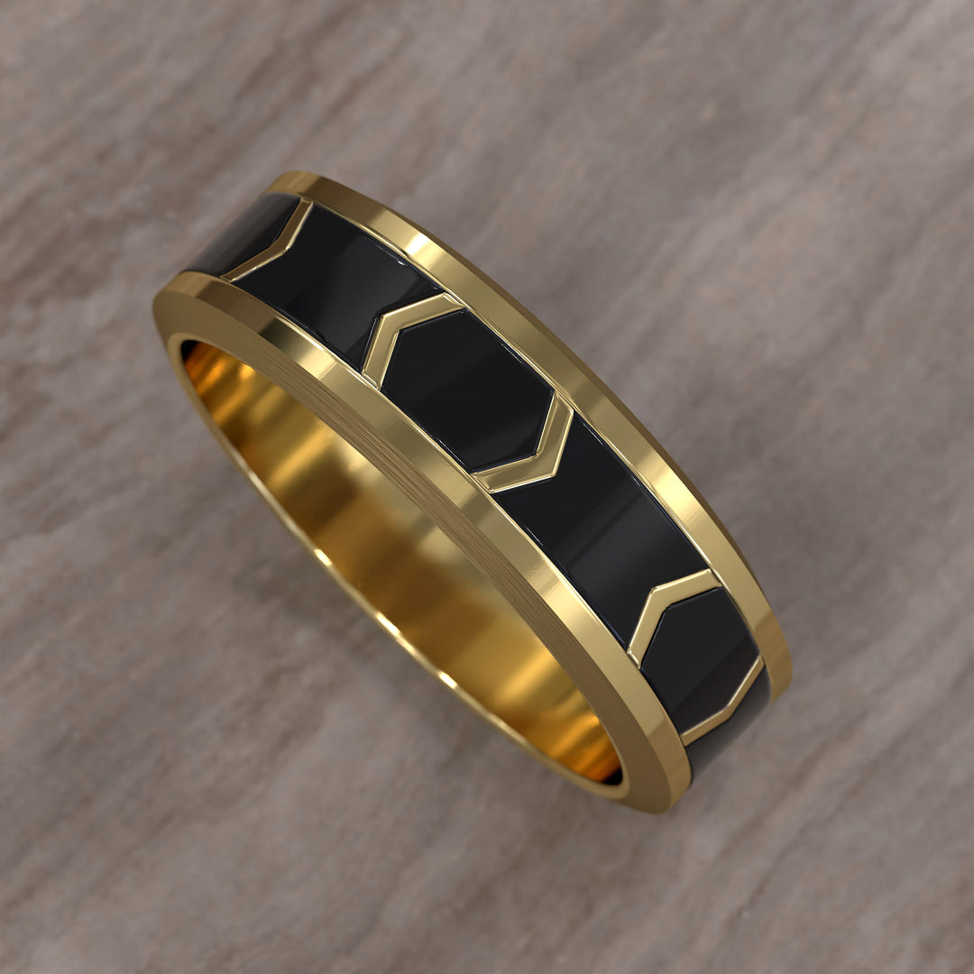chevron pattern band with dark enamel inlay and brushed beveled edges