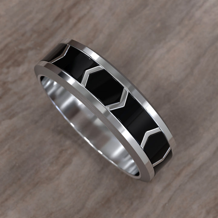 chevron pattern band with dark enamel inlay and brushed beveled edges
