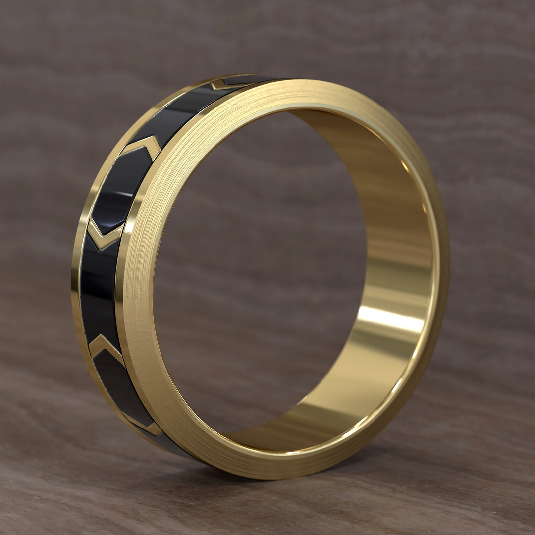 chevron pattern band with dark enamel inlay and brushed beveled edges