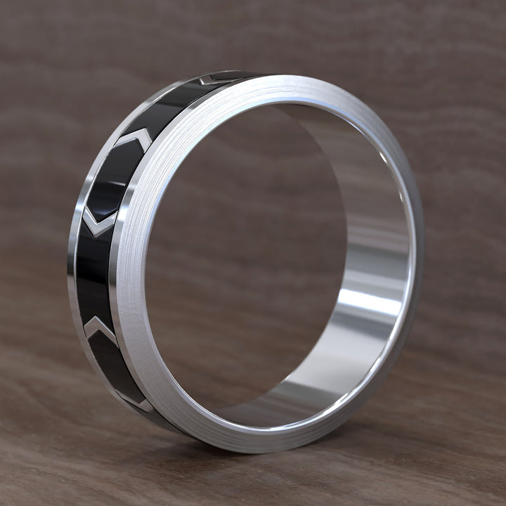 chevron pattern band with dark enamel inlay and brushed beveled edges