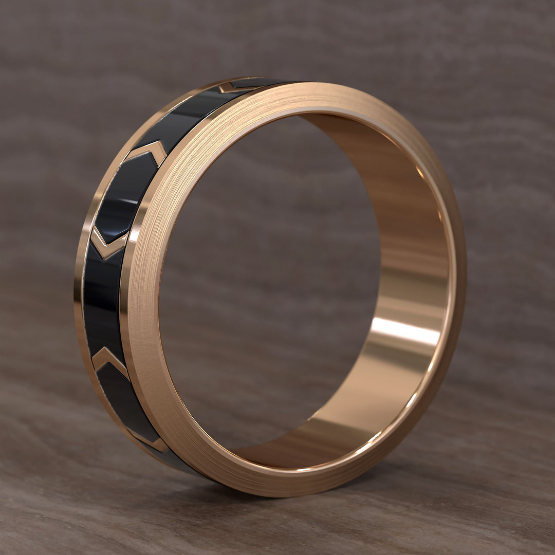chevron pattern band with dark enamel inlay and brushed beveled edges