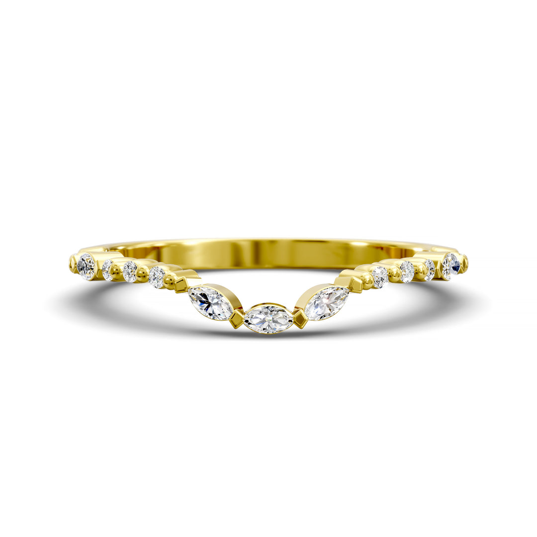 Curved wedding band with alternating marquise and round stones in gold