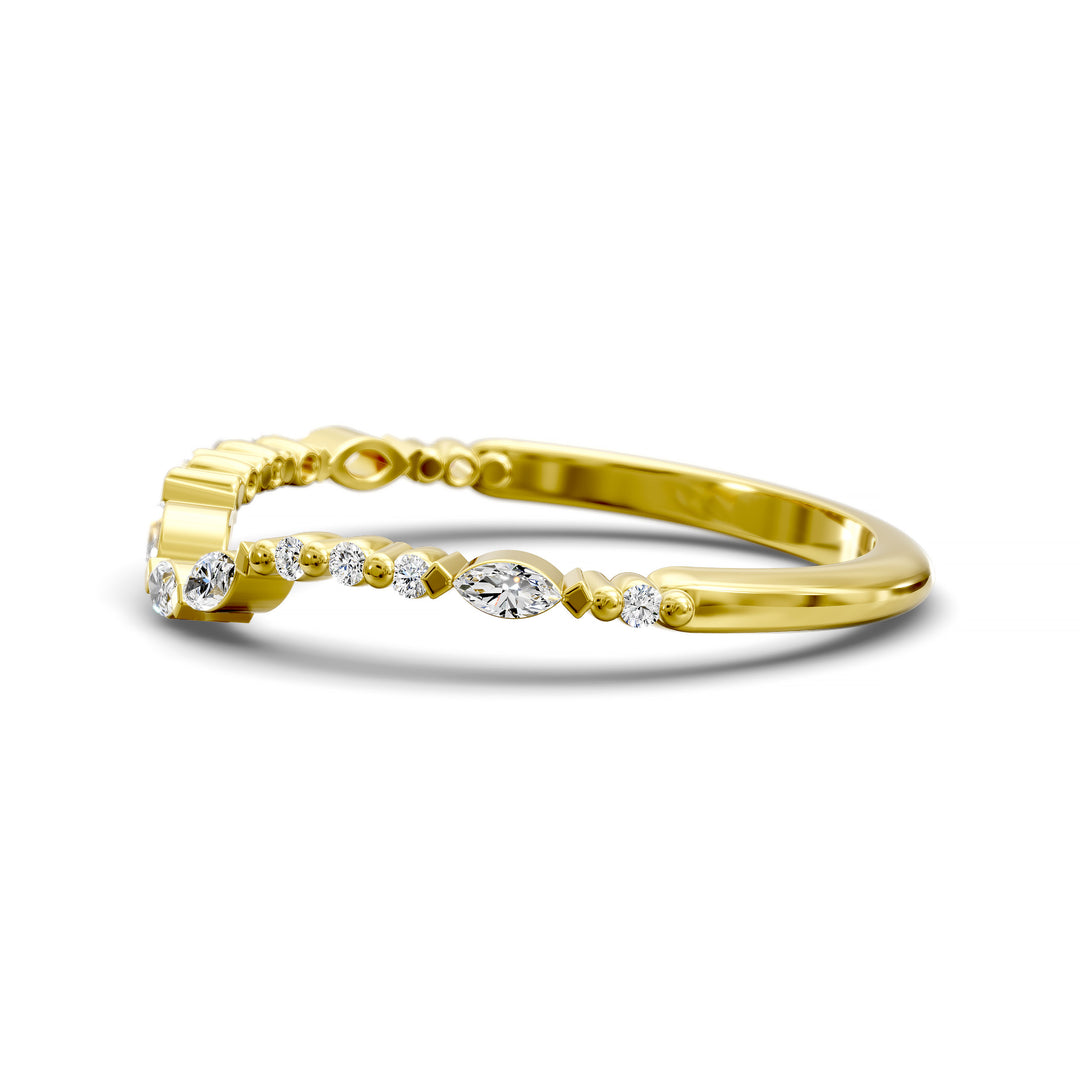 Curved wedding band with alternating marquise and round stones in gold