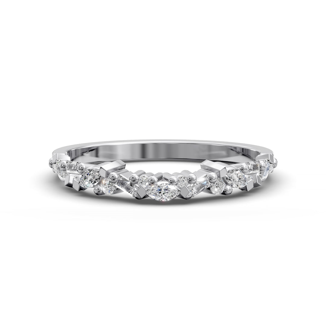 curved wedding band with marquise round and baguette diamonds mixed cut contour