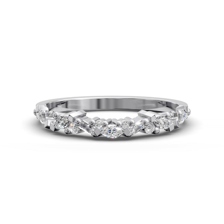 curved wedding band with marquise round and baguette diamonds mixed cut contour
