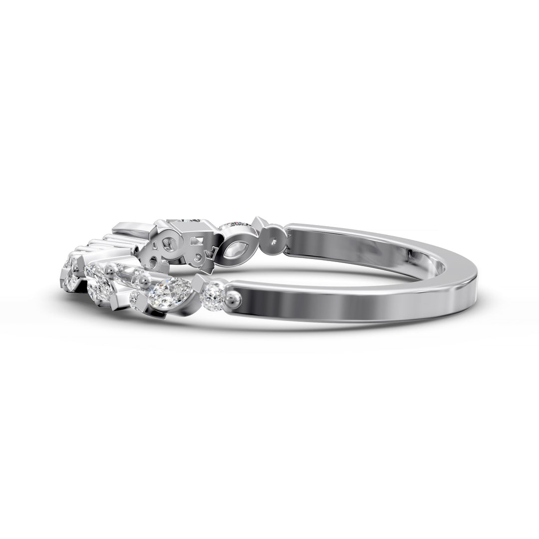curved wedding band with marquise round and baguette diamonds mixed cut contour