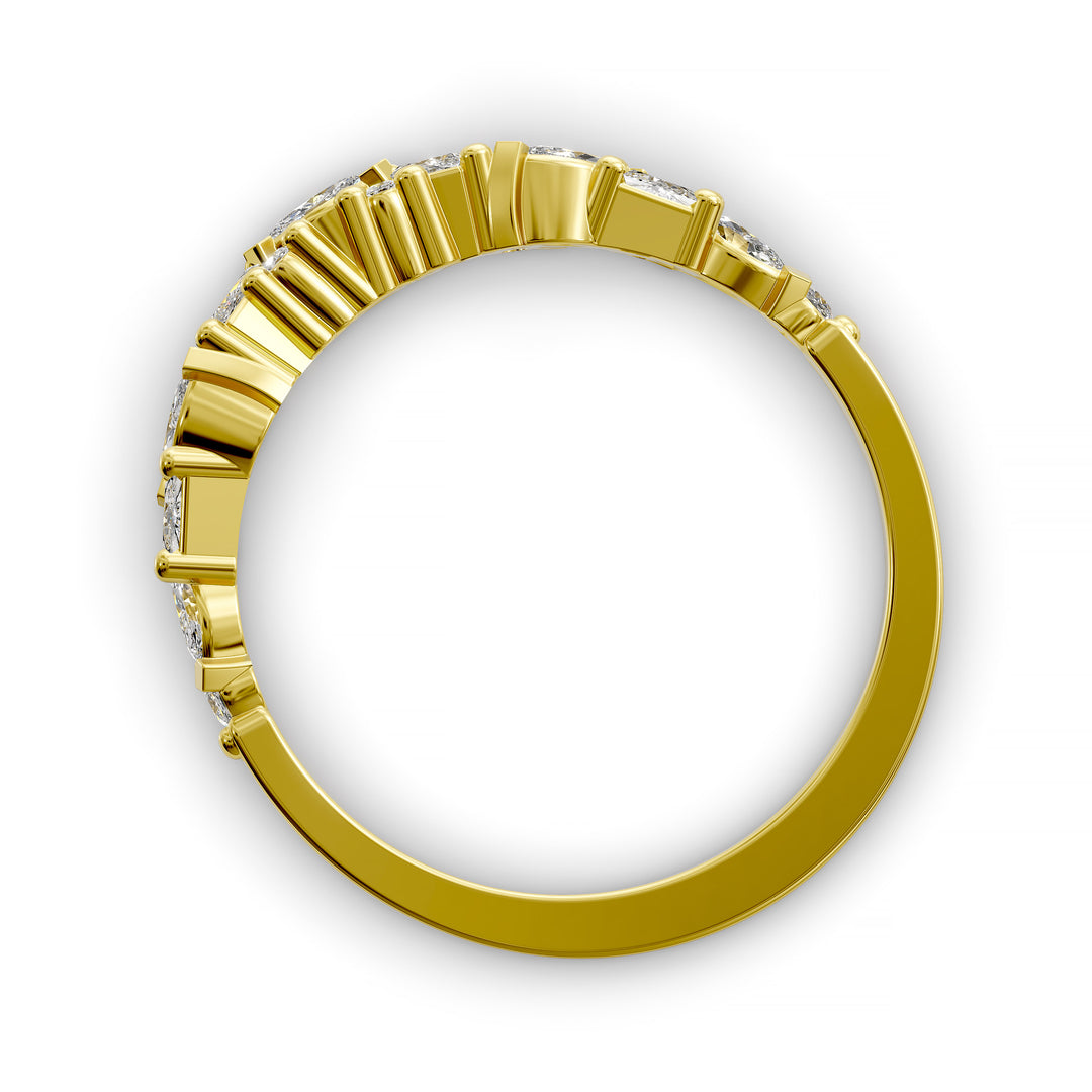 curved wedding band with marquise round and baguette diamonds mixed cut contour