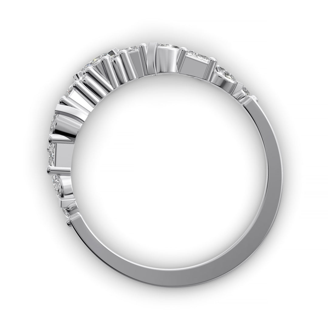 curved wedding band with marquise round and baguette diamonds mixed cut contour