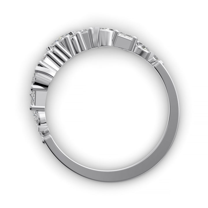 curved wedding band with marquise round and baguette diamonds mixed cut contour