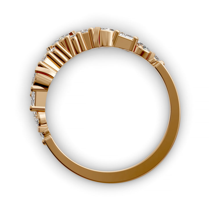 curved wedding band with marquise round and baguette diamonds mixed cut contour