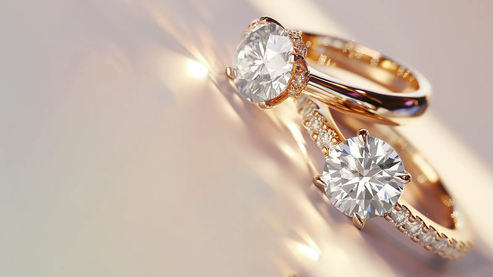 Two exquisite custom engagement rings showcasing a solitaire and a pavé band, highlighting fine craftsmanship with radiant diamonds on a subtle rose-hued background.
