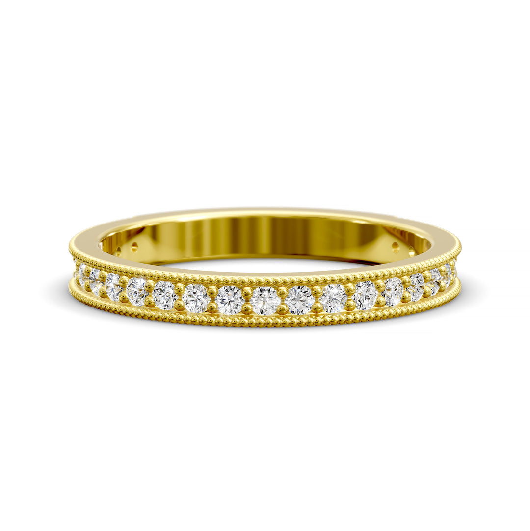 Channel set diamond wedding band with three-quarter eternity and beaded edge