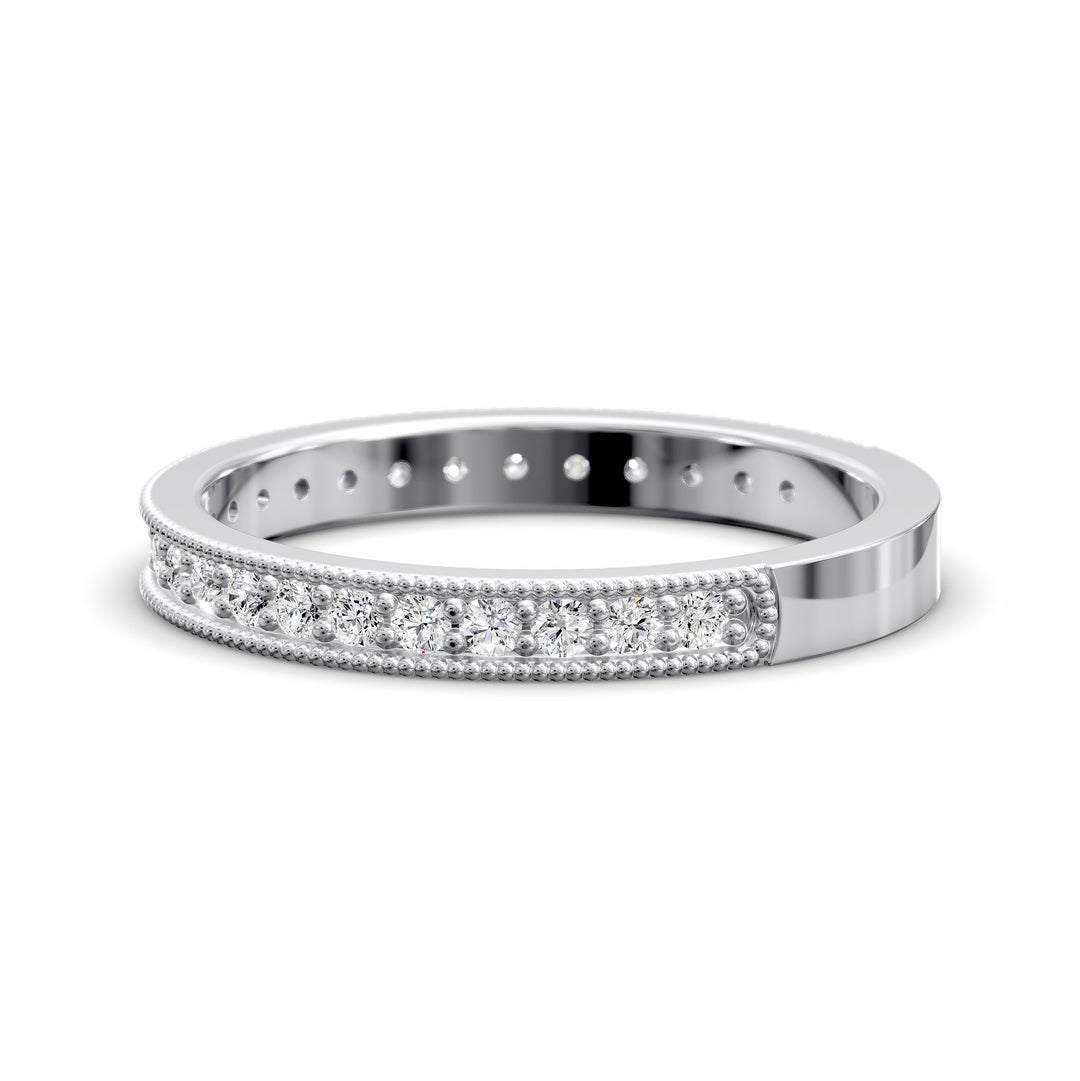 Channel set diamond wedding band with three-quarter eternity and beaded edge