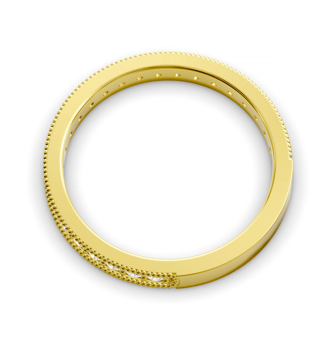 Channel set diamond wedding band with three-quarter eternity and beaded edge