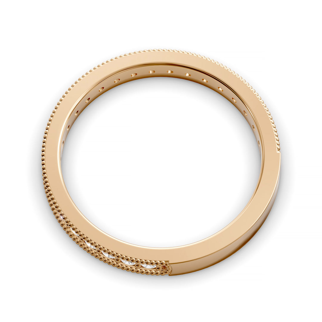Channel set diamond wedding band with three-quarter eternity and beaded edge