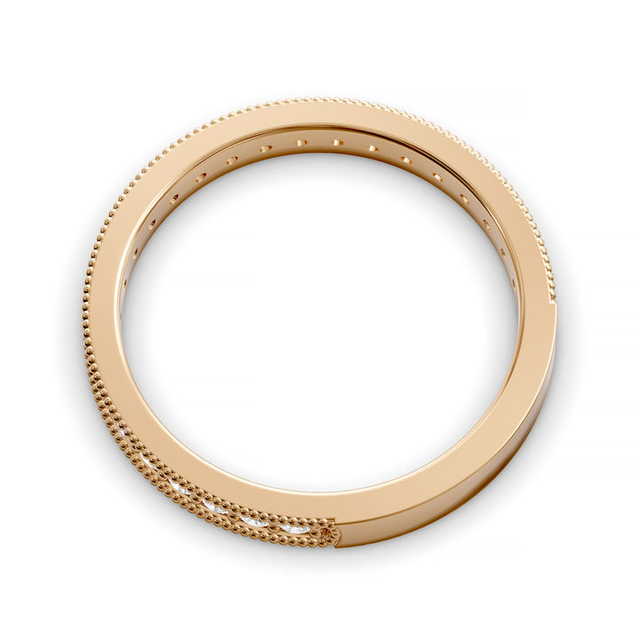 Channel set diamond wedding band with three-quarter eternity and beaded edge