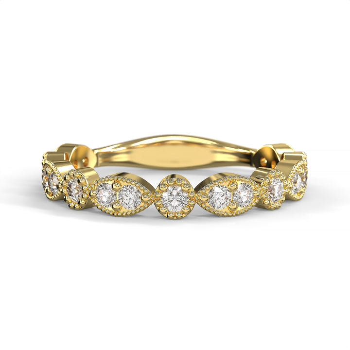 Diamond band with marquise and round bezels featuring vintage-style milgrain accents on a white background
