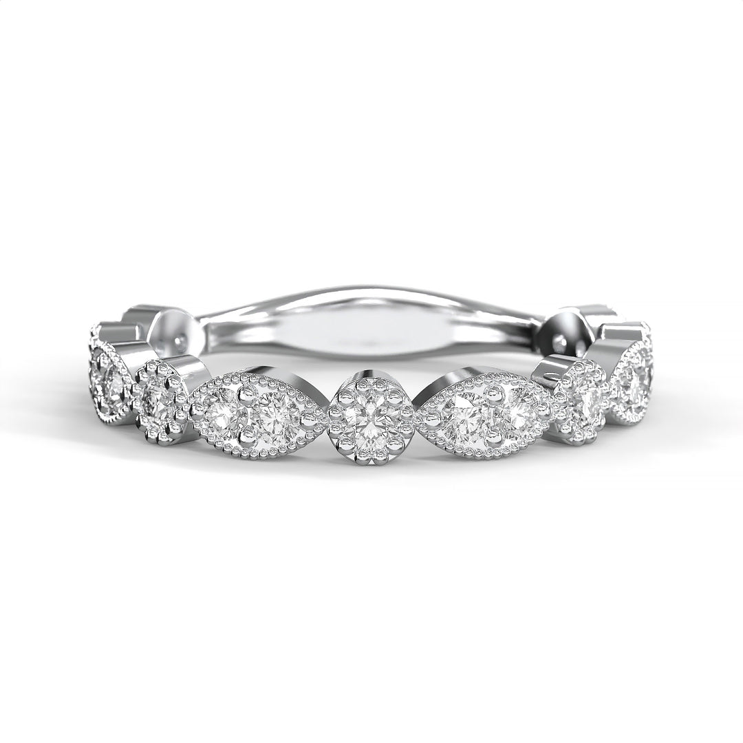 Diamond band with marquise and round bezels featuring vintage-style milgrain accents on a white background
