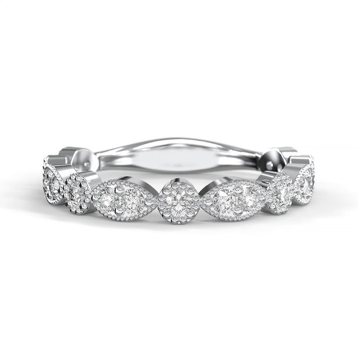 Diamond band with marquise and round bezels featuring vintage-style milgrain accents on a white background