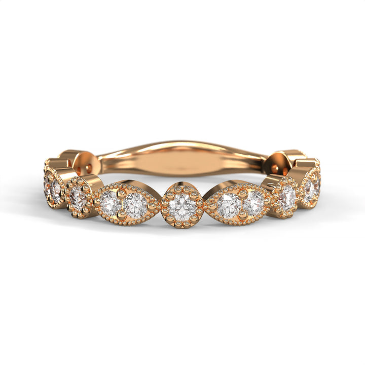 Diamond band with marquise and round bezels featuring vintage-style milgrain accents on a white background