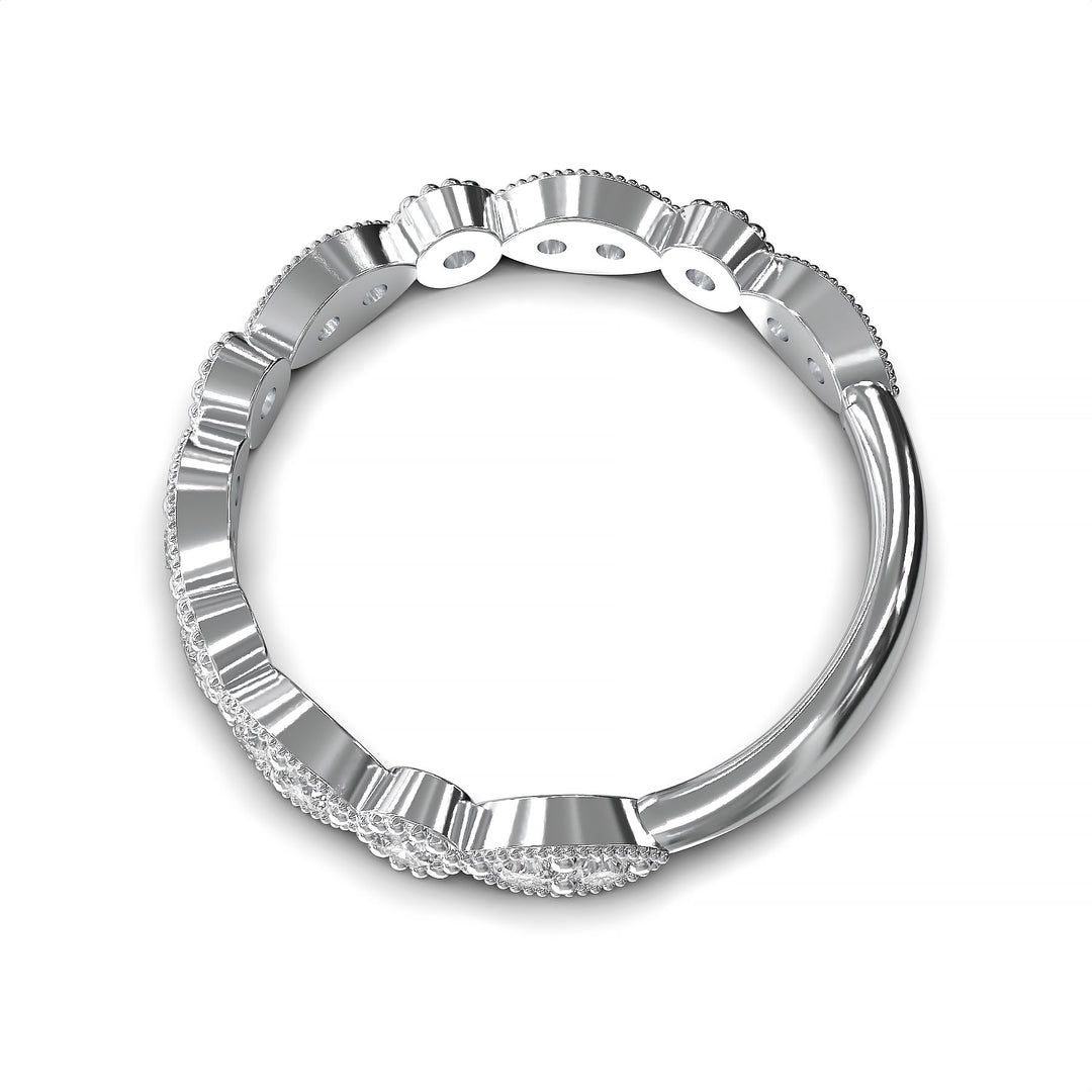 Diamond band with marquise and round bezels featuring vintage-style milgrain accents on a white background