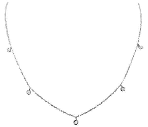 14K white gold necklace with evenly spaced diamonds along an 18-inch chain in a sprinkle design.