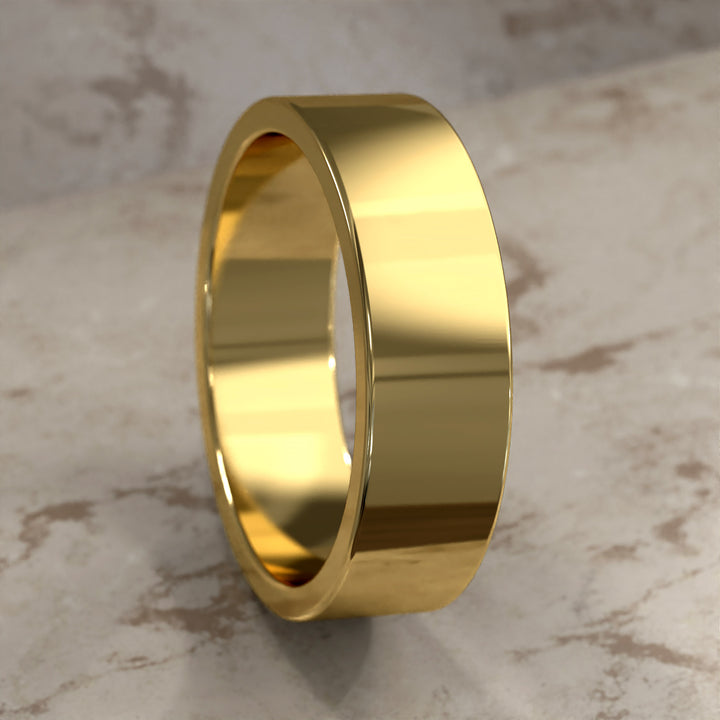 flat men’s comfort-fit wedding band with polished modern profile