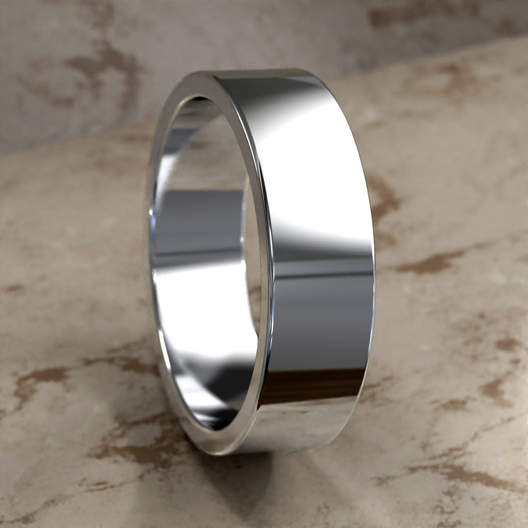 flat men’s comfort-fit wedding band with polished modern profile