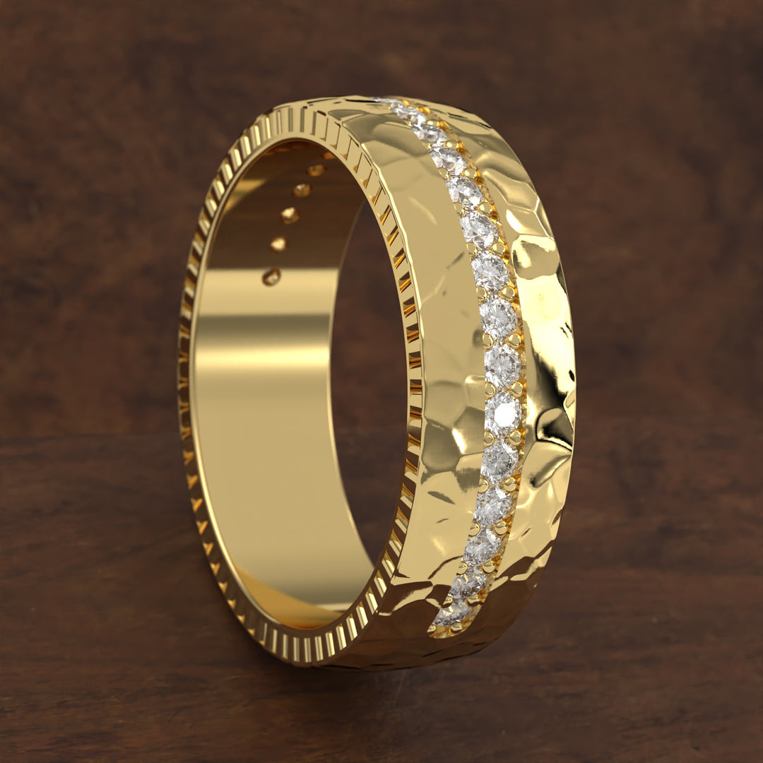 hammered band with extended diamond channel row and textured edges