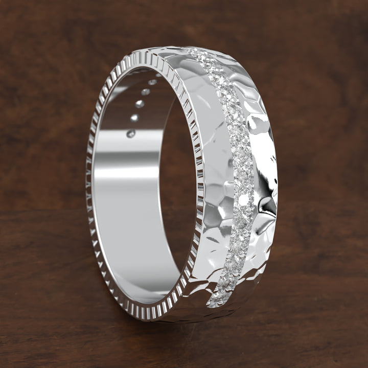 hammered band with extended diamond channel row and textured edges