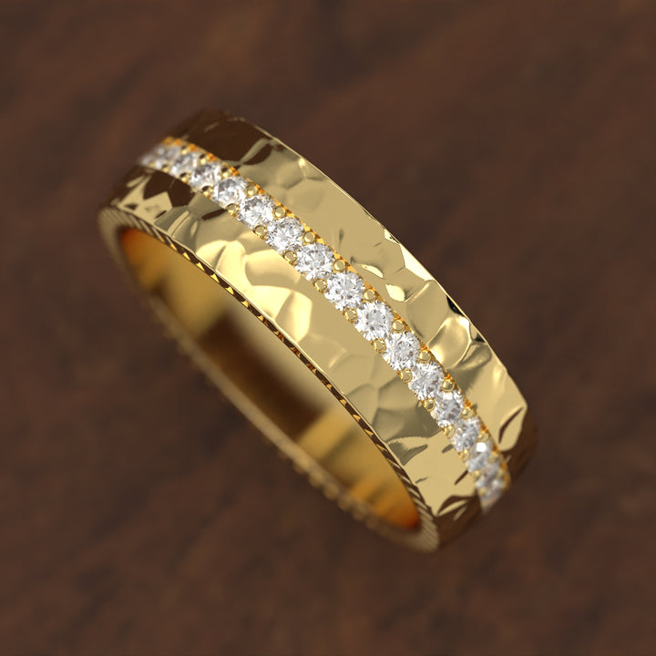 hammered band with extended diamond channel row and textured edges