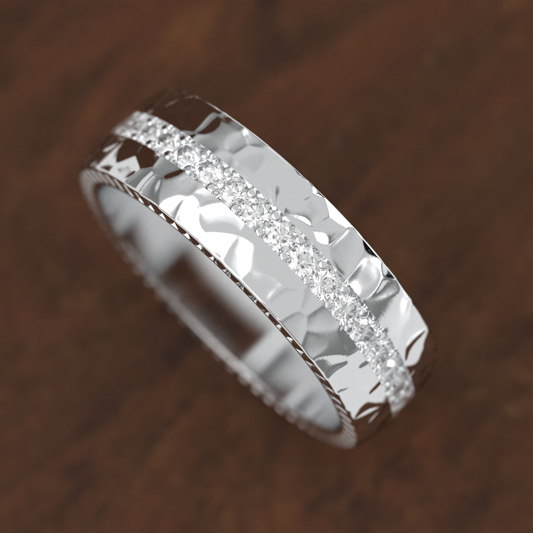 hammered band with extended diamond channel row and textured edges