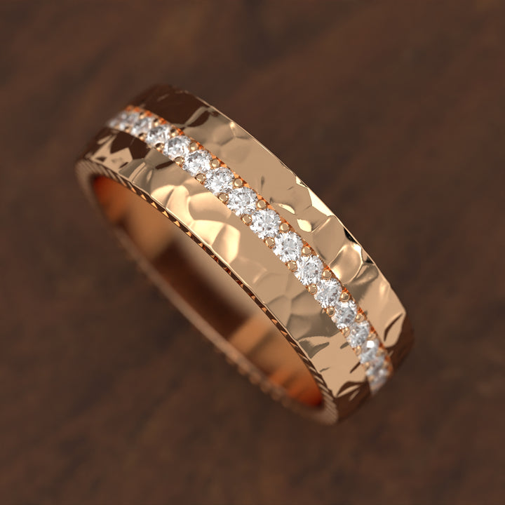hammered band with extended diamond channel row and textured edges