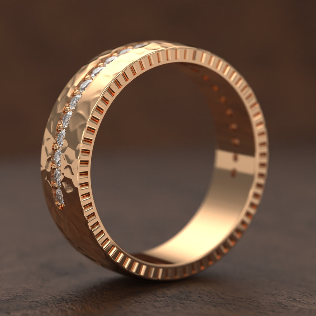 hammered band with extended diamond channel row and textured edges