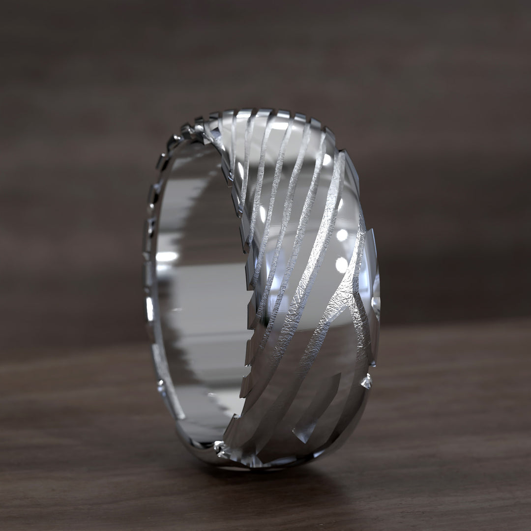 men’s half round ring with damascus texture and modern layered design