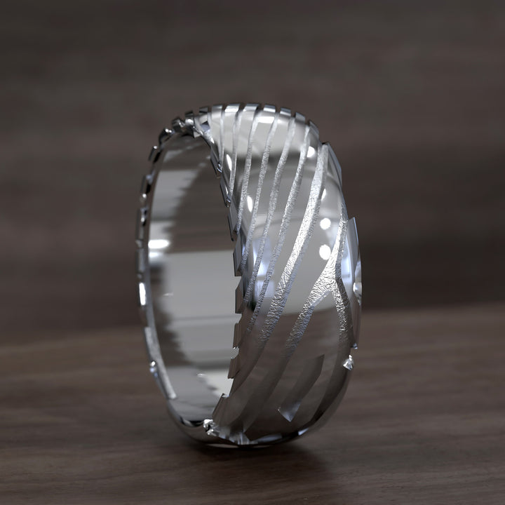 men’s half round ring with damascus texture and modern layered design