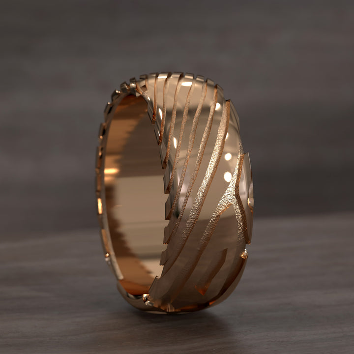 men’s half round ring with damascus texture and modern layered design
