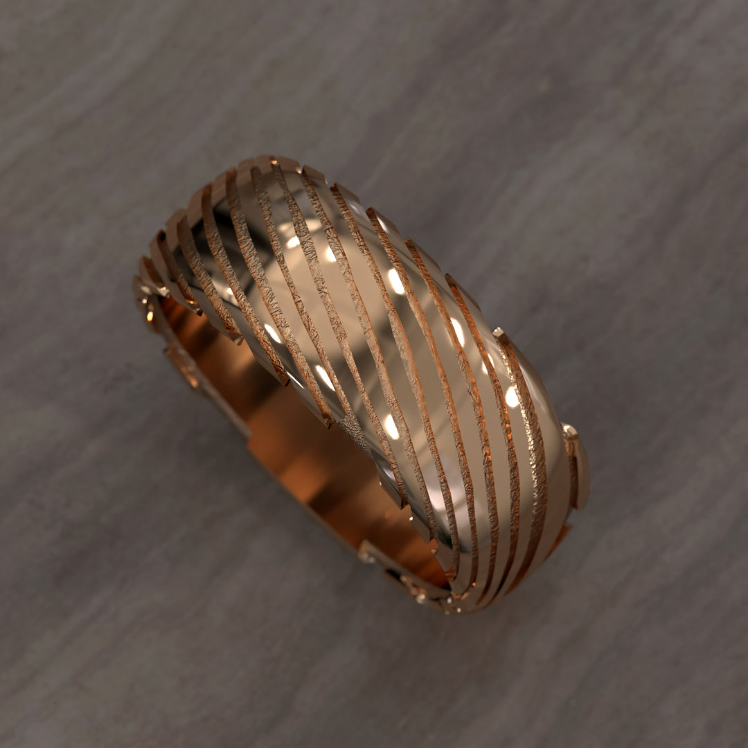 men’s half round ring with damascus texture and modern layered design