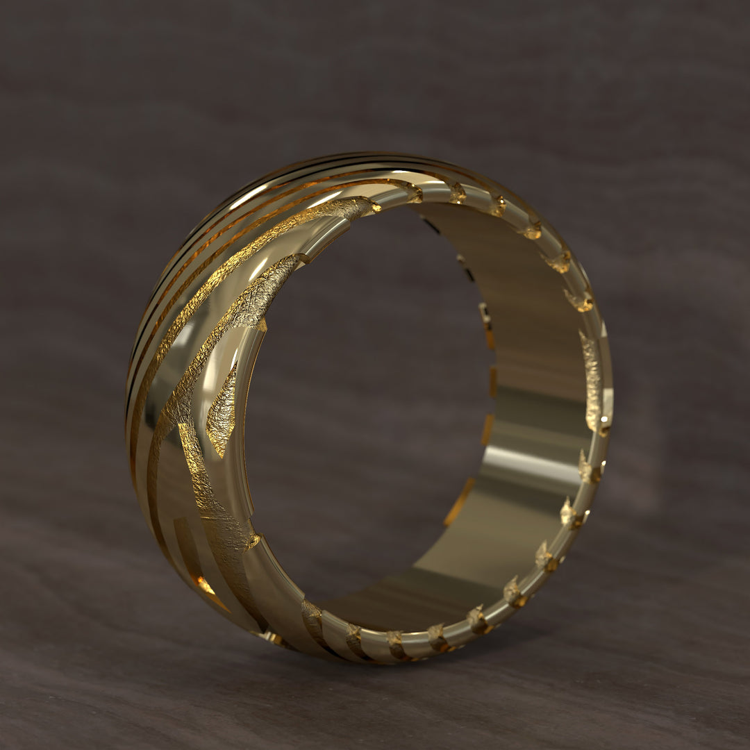 men’s half round ring with damascus texture and modern layered design