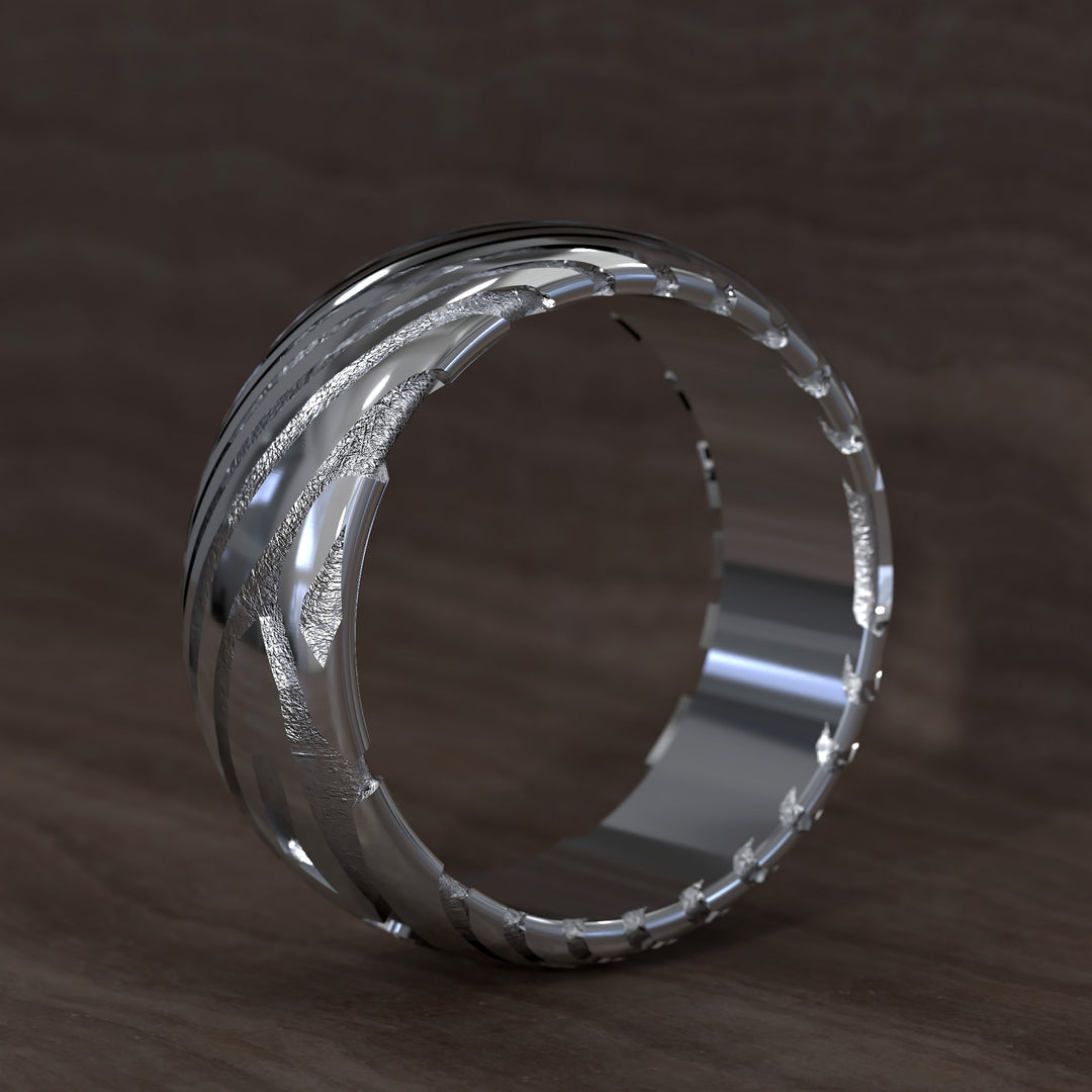 men’s half round ring with damascus texture and modern layered design