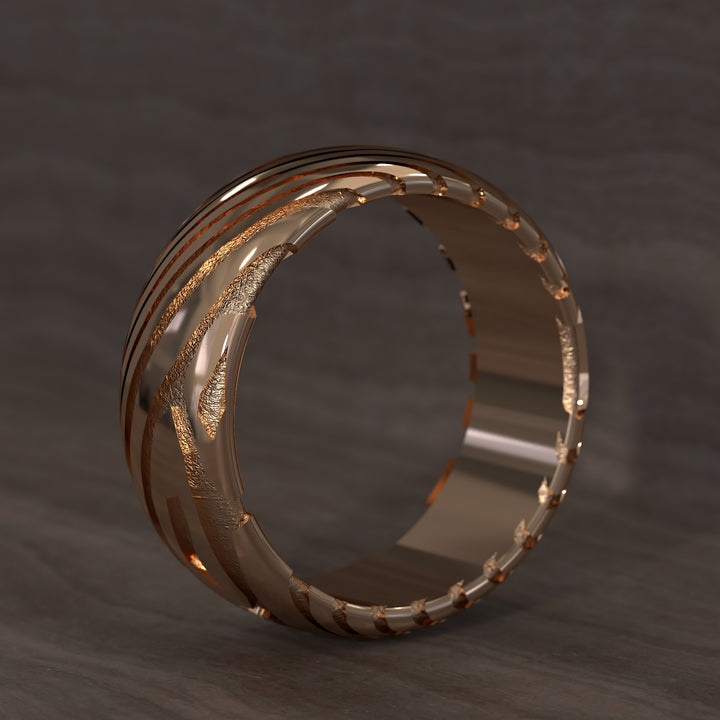 men’s half round ring with damascus texture and modern layered design