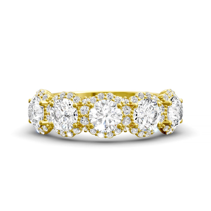 Gold halo band with large round center stones surrounded by sparkling diamond accents