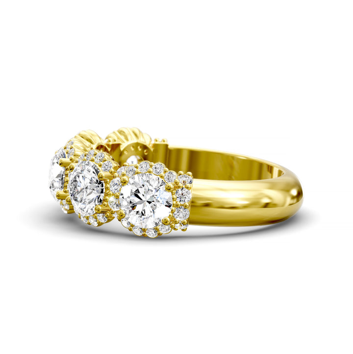 Gold halo band with large round center stones surrounded by sparkling diamond accents