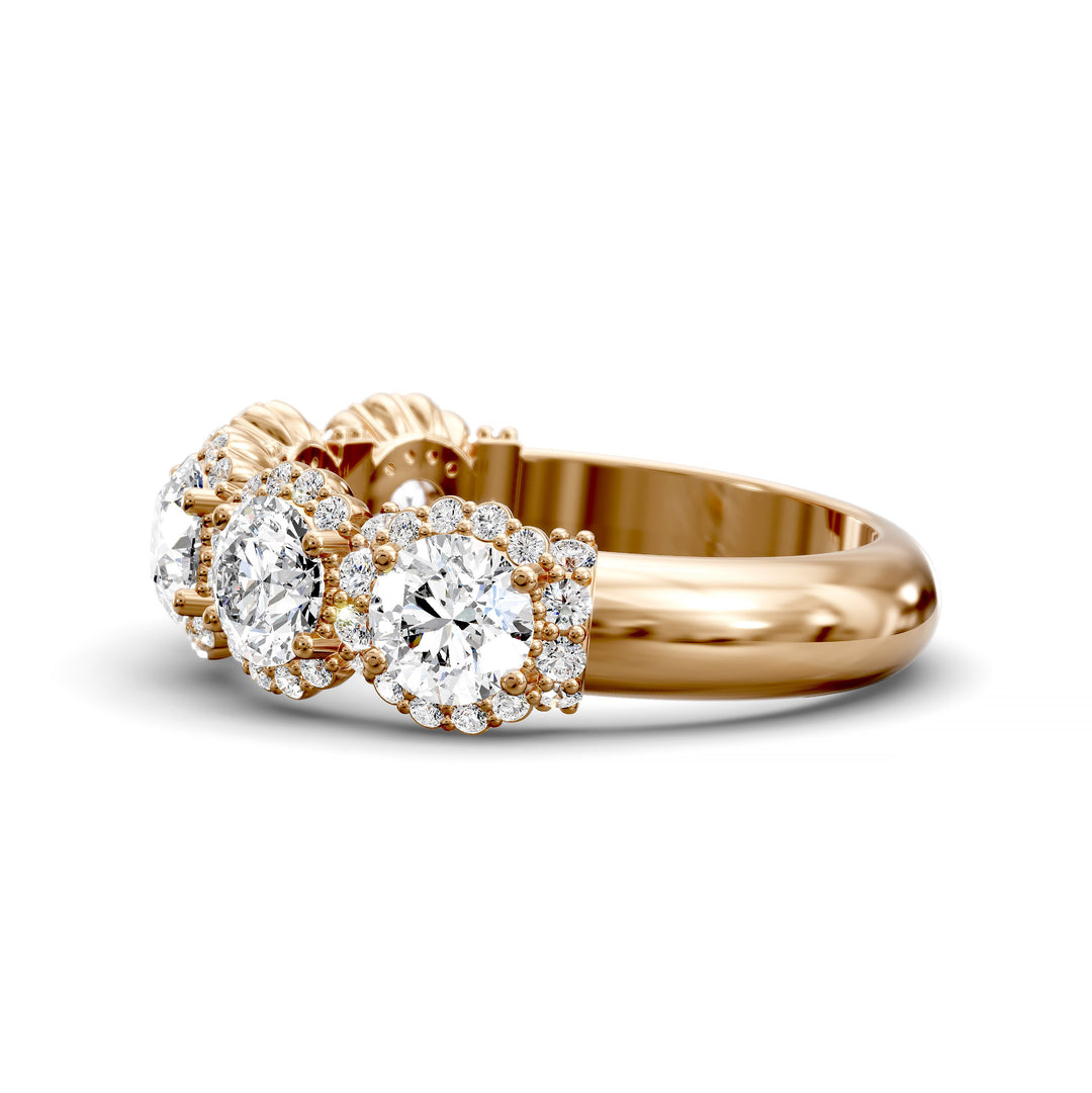 Gold halo band with large round center stones surrounded by sparkling diamond accents