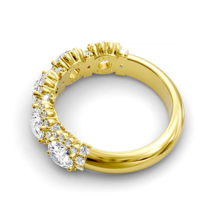 Gold halo band with large round center stones surrounded by sparkling diamond accents